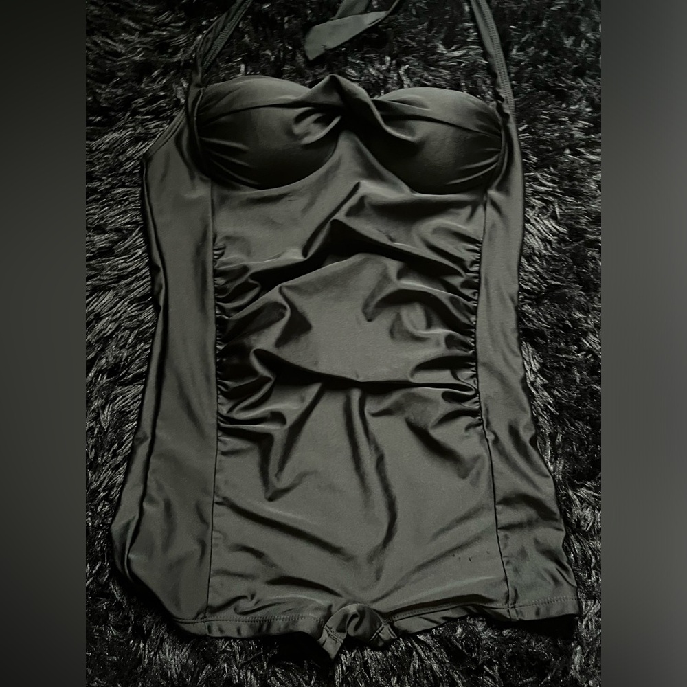 silky black one piece halter swimsuit